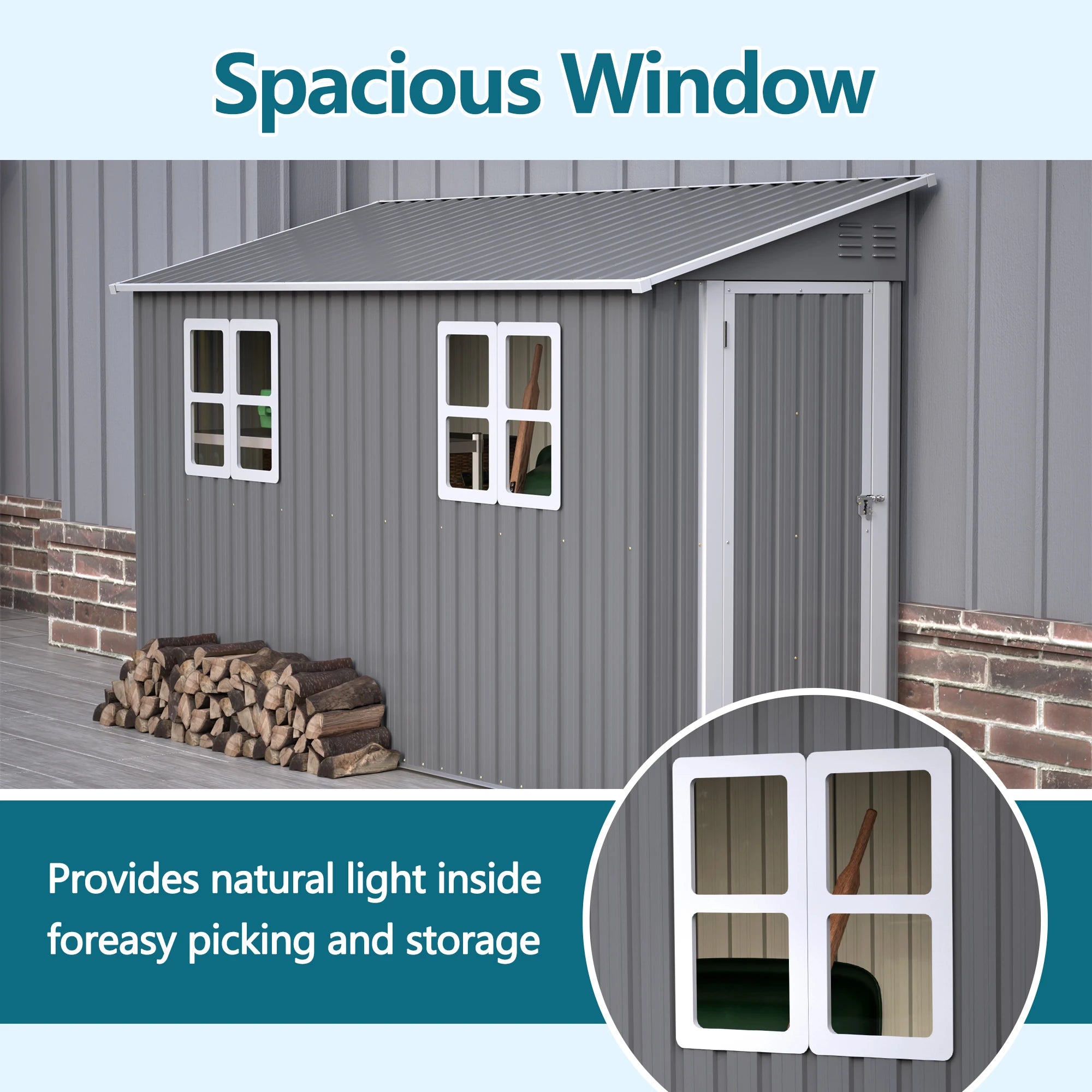 4x10 FT Galvanized Steel Shed, Lockable Storage, Windows