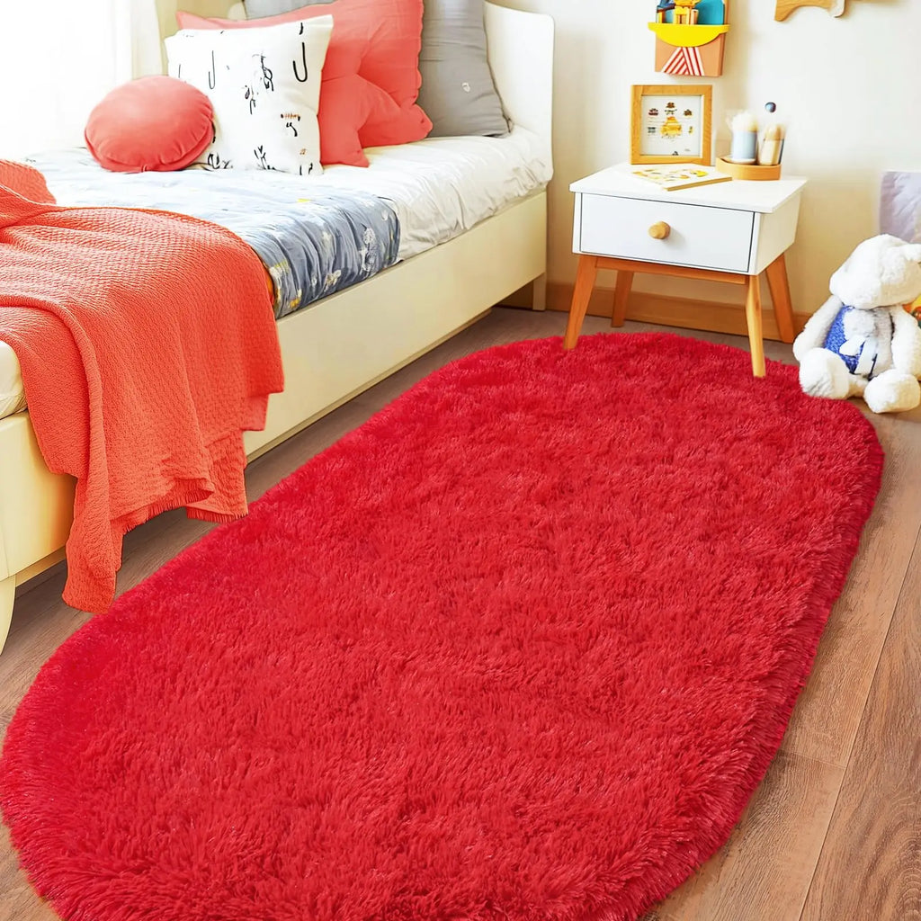 Oval Fluffy Plush Bedside Rugs, Moisture-Proof