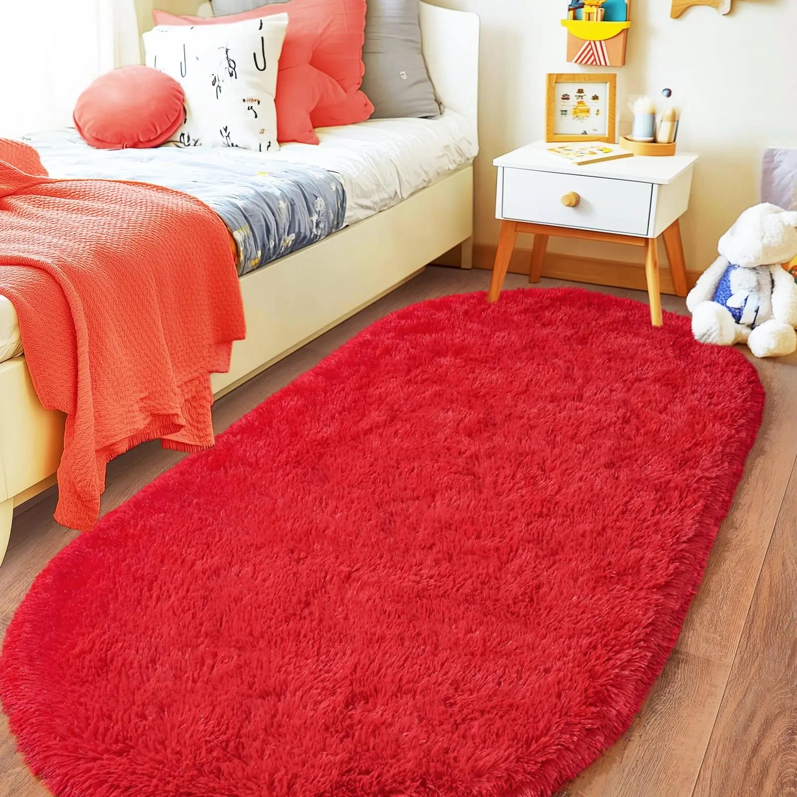 Oval Fluffy Plush Bedside Rugs, Moisture-Proof