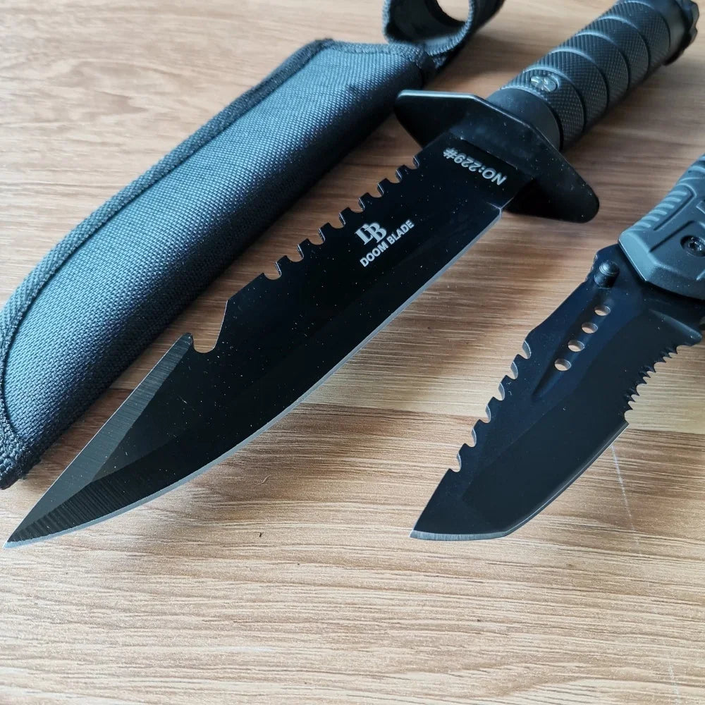 Stainless Steel Knife Set: Fixed & Folding Blades, Sheath