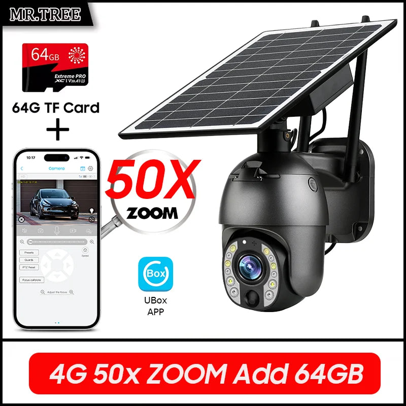 Solar Outdoor Surveillance Camera, 50X Zoom, Humanoid Tracking