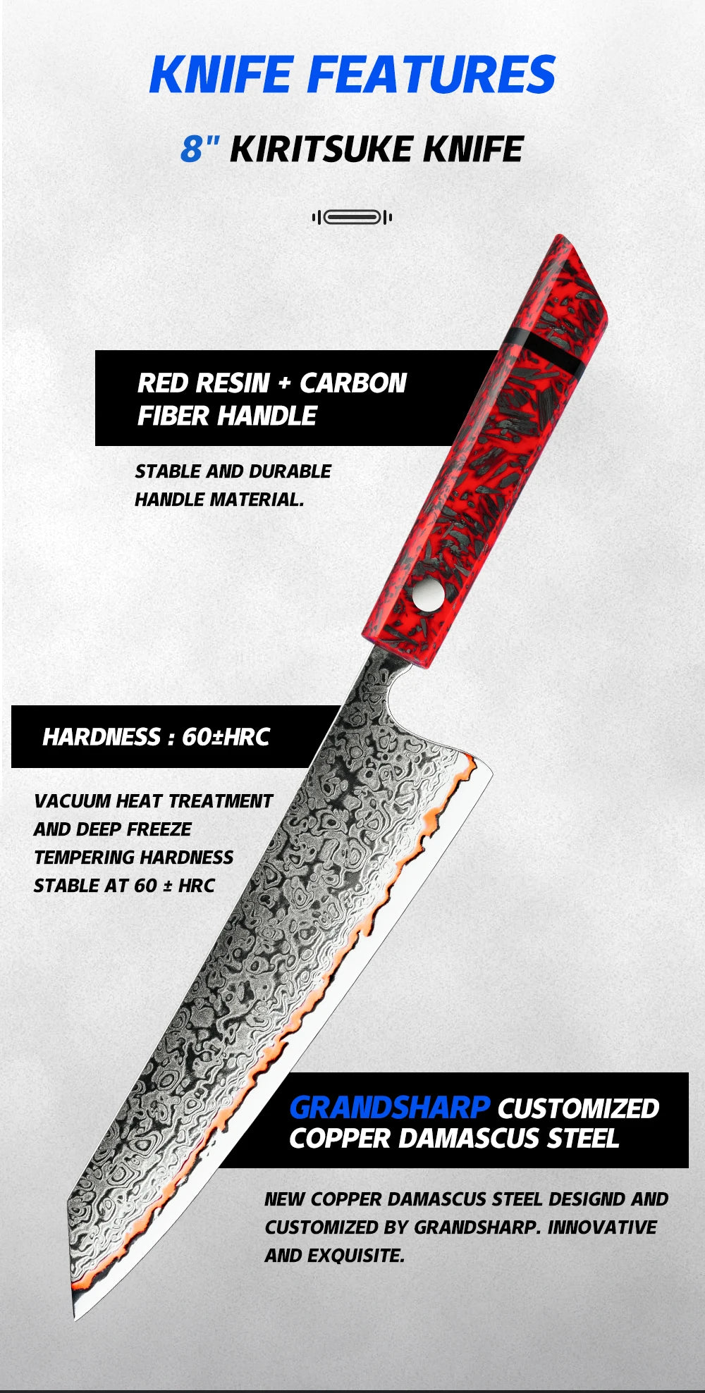 8 Inch Knife 55 Layers Copper Damascus Steel