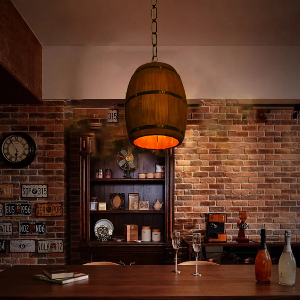 Wood Wine Barrel Pendant Light, Industrial Ceiling Lamp