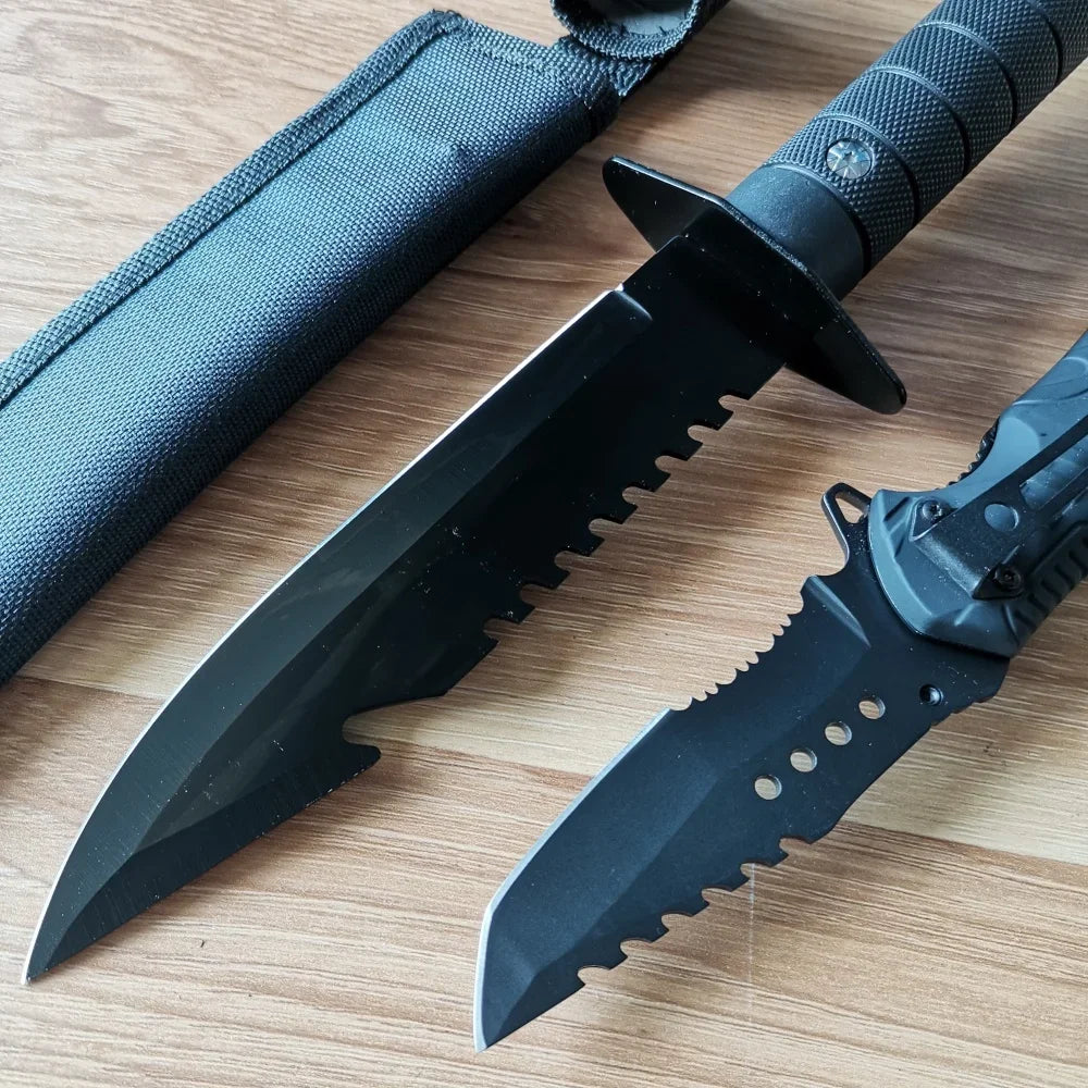 Stainless Steel Knife Set: Fixed & Folding Blades, Sheath