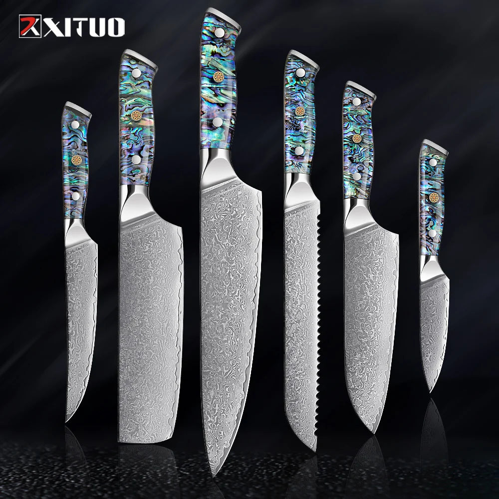 1-9 Pc. Damascus Steel Kitchen Knives Set Abalone Handle