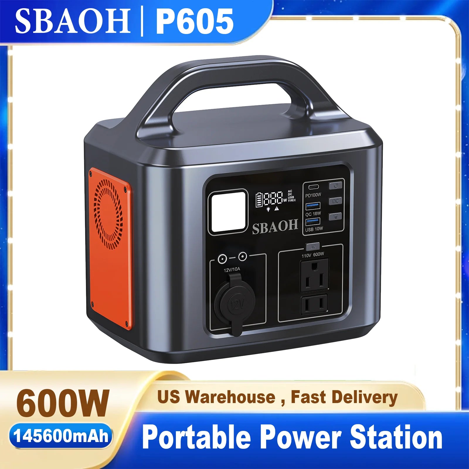 600W Portable Power Station with Solar Charging Input