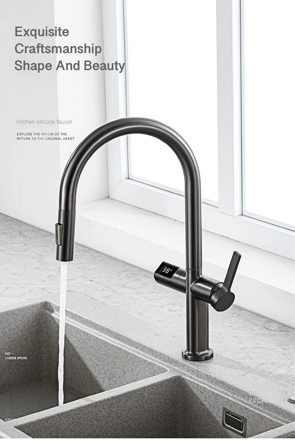 gun gray kitchen faucet, LED digital sensing, 2-function spay