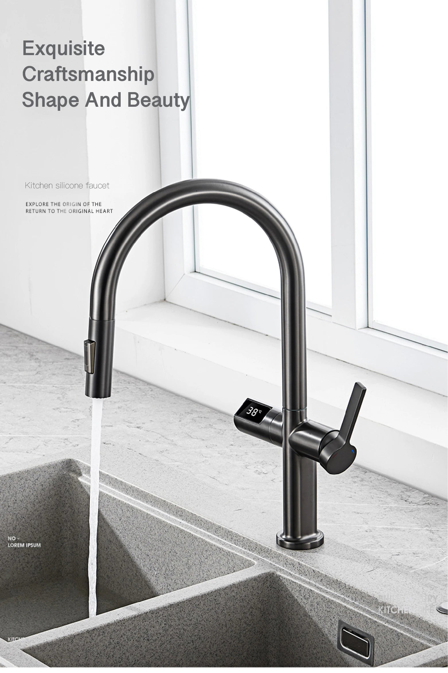 gun gray kitchen faucet, LED digital sensing, 2-function spay