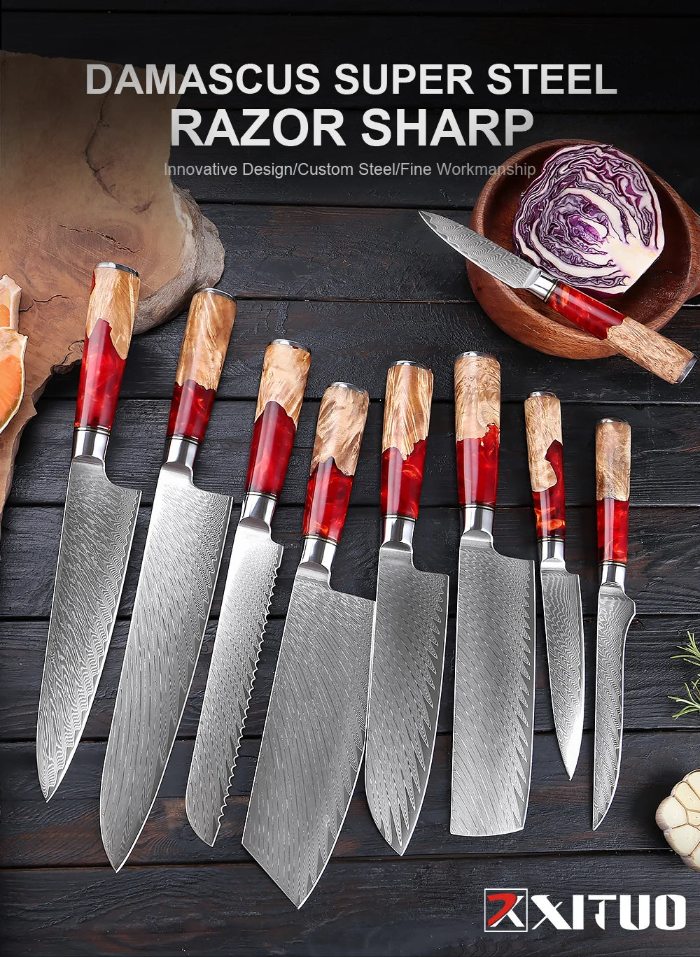 1-9Piece Damascus Steel Kitchen Knives Set