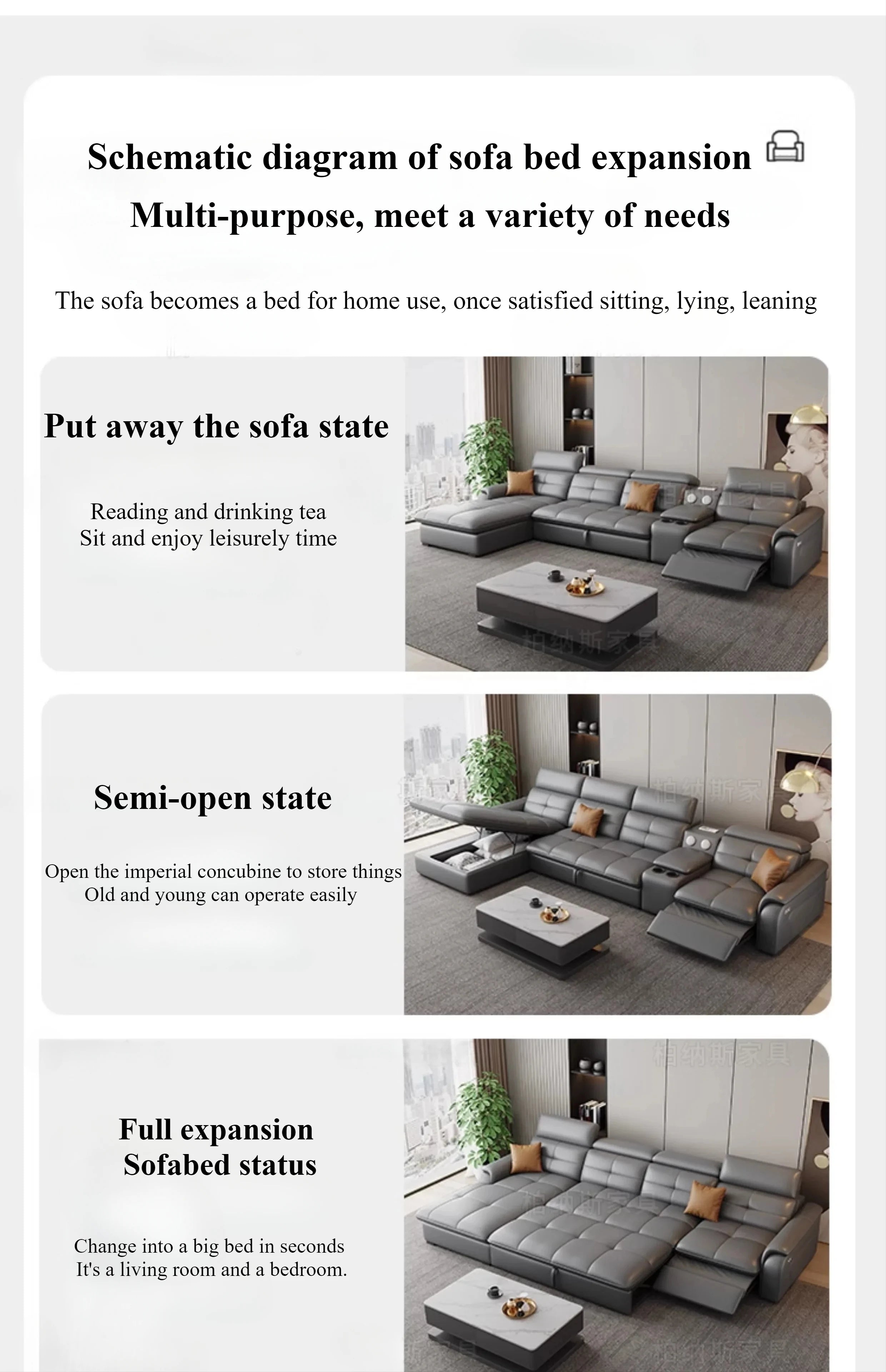 Genuine Leather Corner Sofa, Electric Reclining, Storage