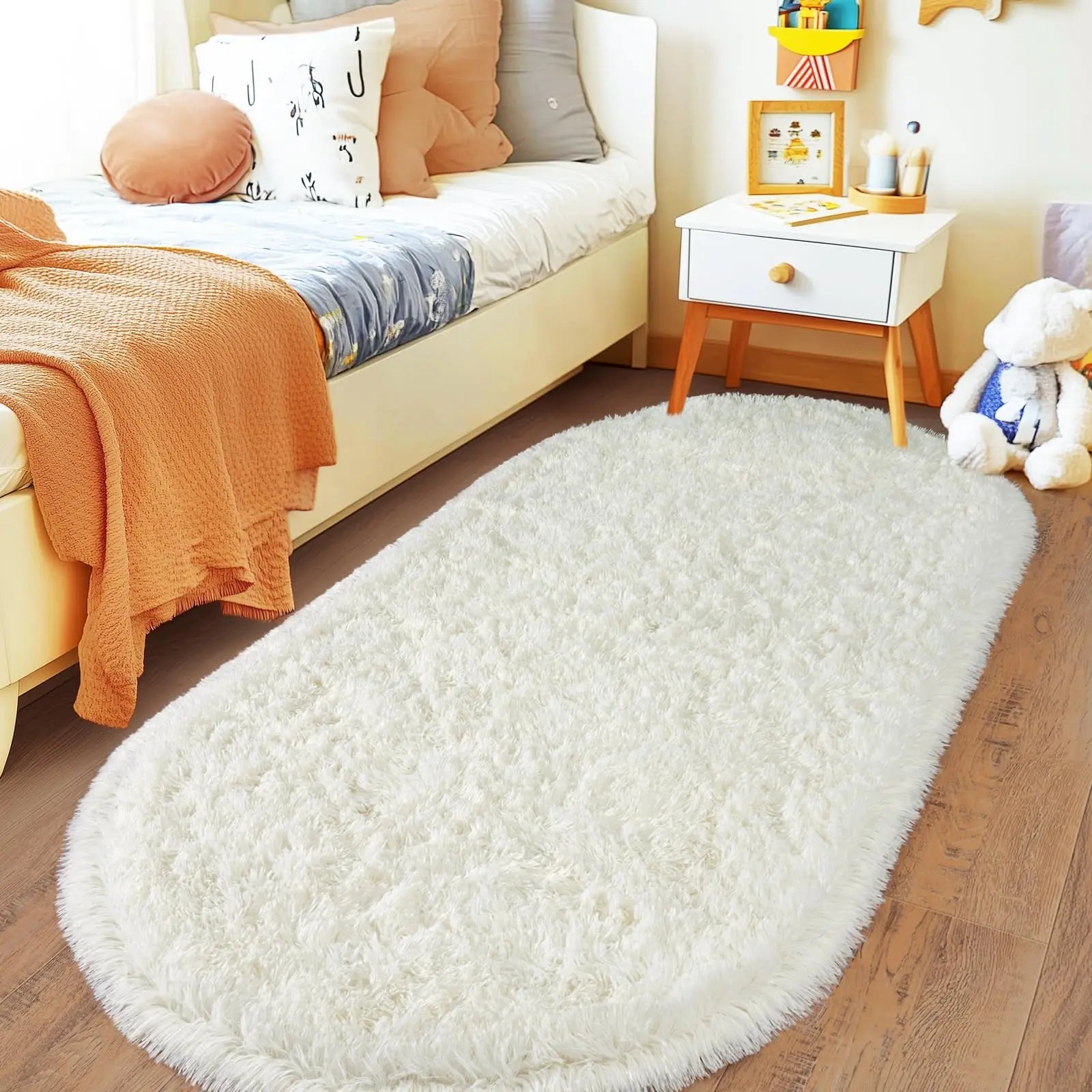 Oval Fluffy Plush Bedside Rugs, Moisture-Proof