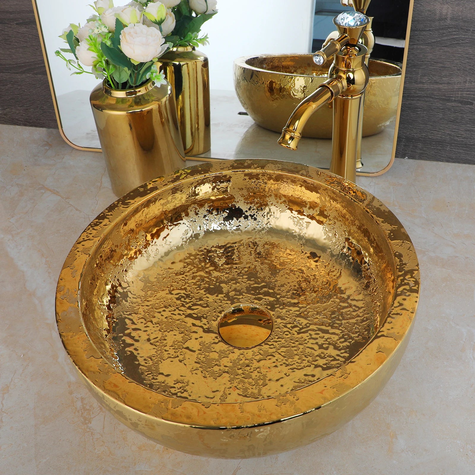 15" Gold Vessel Sink with Faucet, Drain