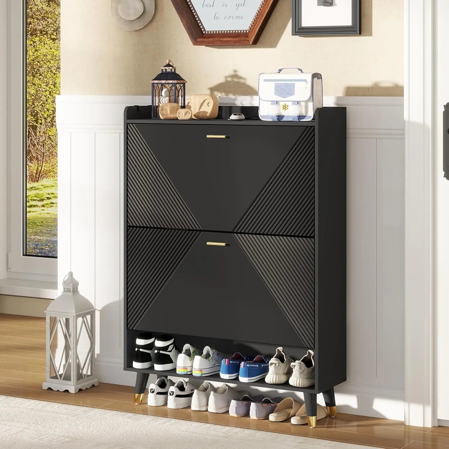 Shoe Cabinet for 24 Pairs with 2 Flip Drawers & Coat Hooks