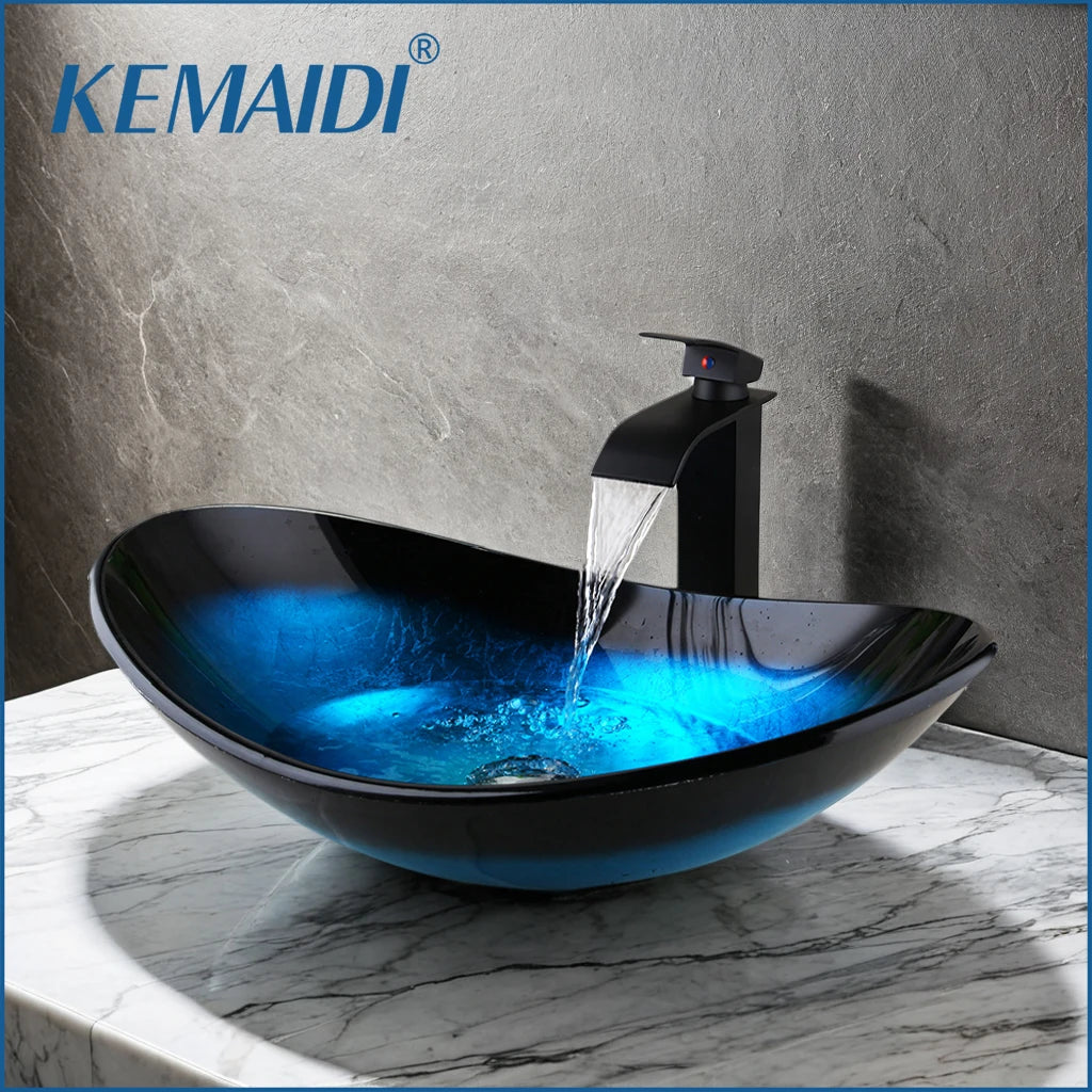 Tempered Glass Vessel Sink. Waterfall Faucet.