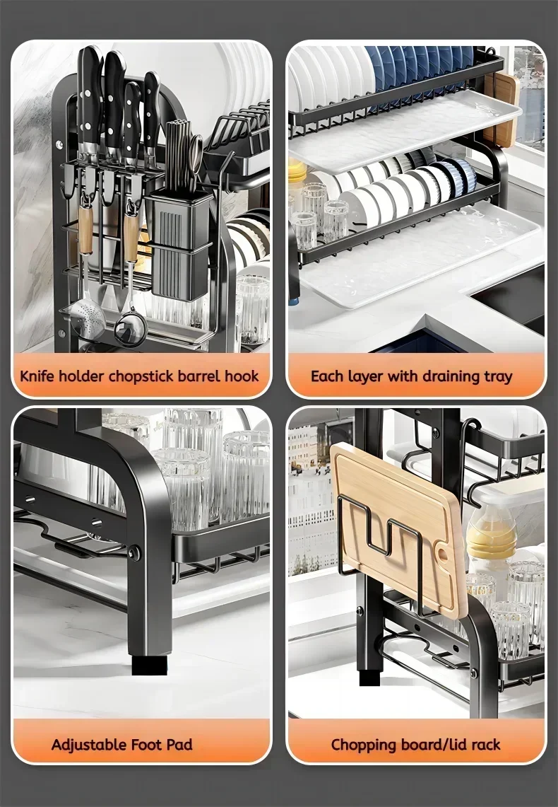 Stainless Steel Dish Rack 2-Tier, Drainboard & Utensil Holder