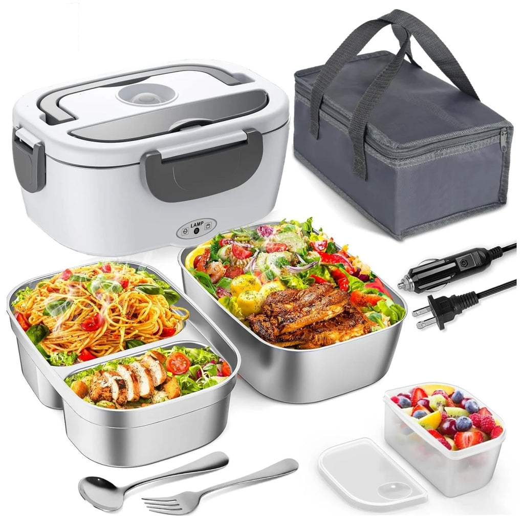 Heated Lunch Box. Dual Stainless Steel Containers, Portable