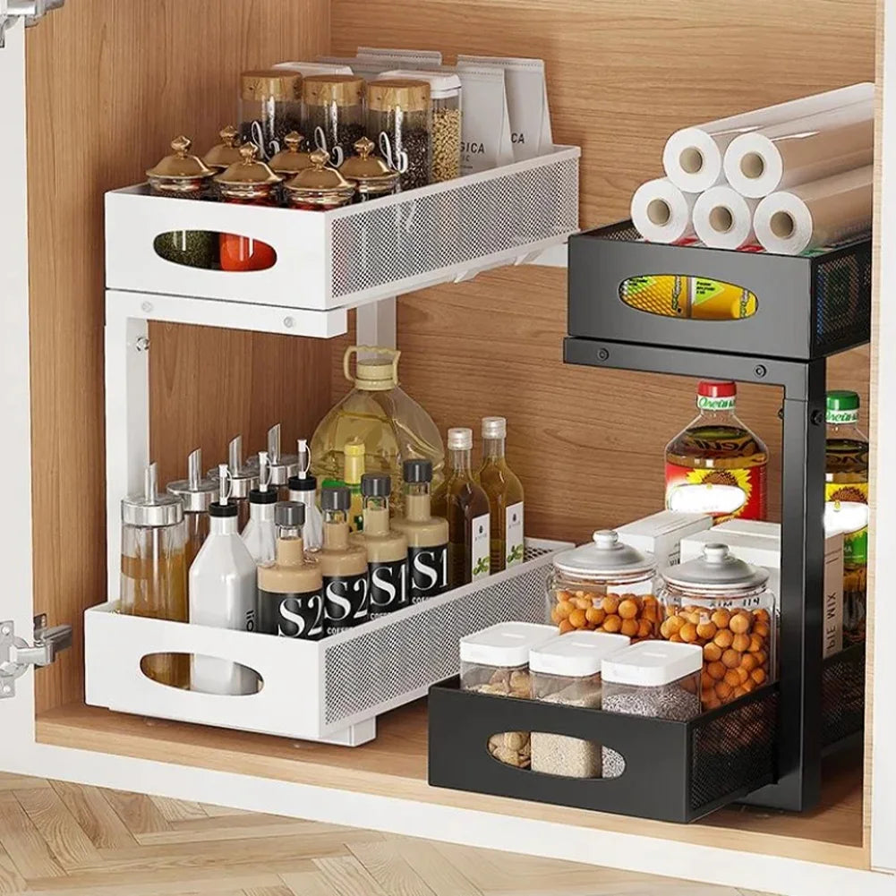 2-Tier Adjustable Height Under Sink Organizer, Pull Out Drawer