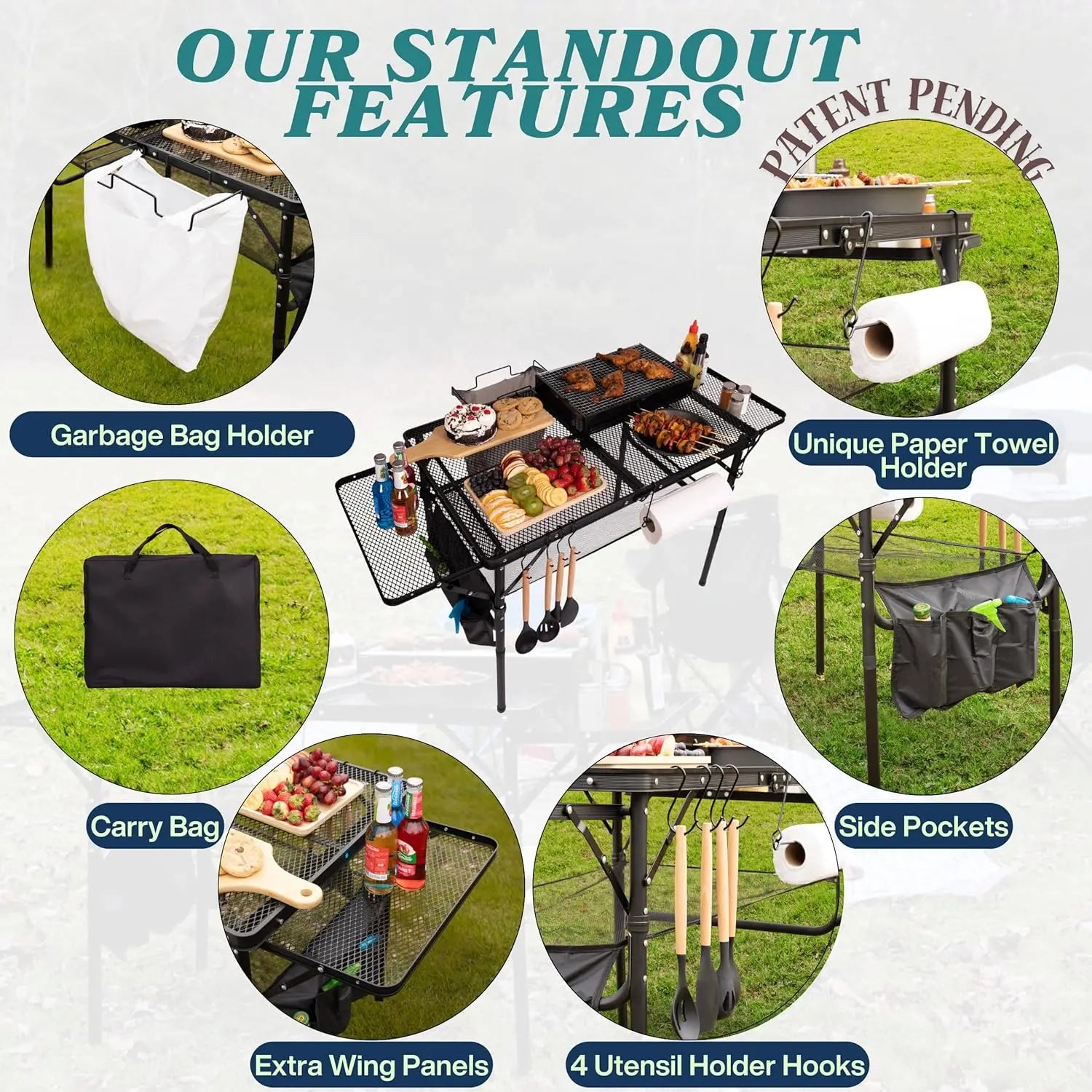 Folding Table w/ Carry Bag, Paper Towel Holder, Garbage Holder, Wing Panels, 3x2 FT Foldable Table for Portable Grill, Picnic