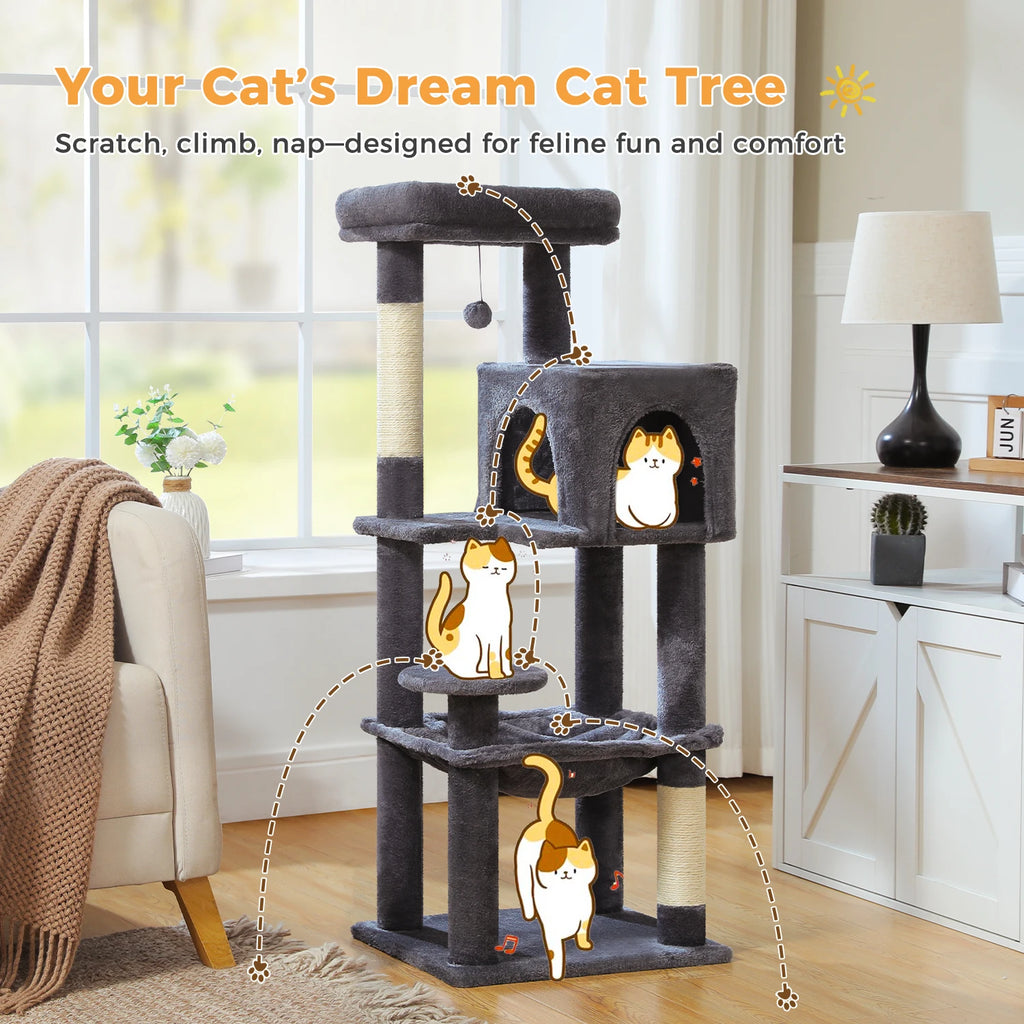 5-Level Cat Tree 113cm Cat Tower with Top Perch,Soft Condo,Natural Sisal Scratching Post,Attractive Pompom,Anti-tip kit,Hammock