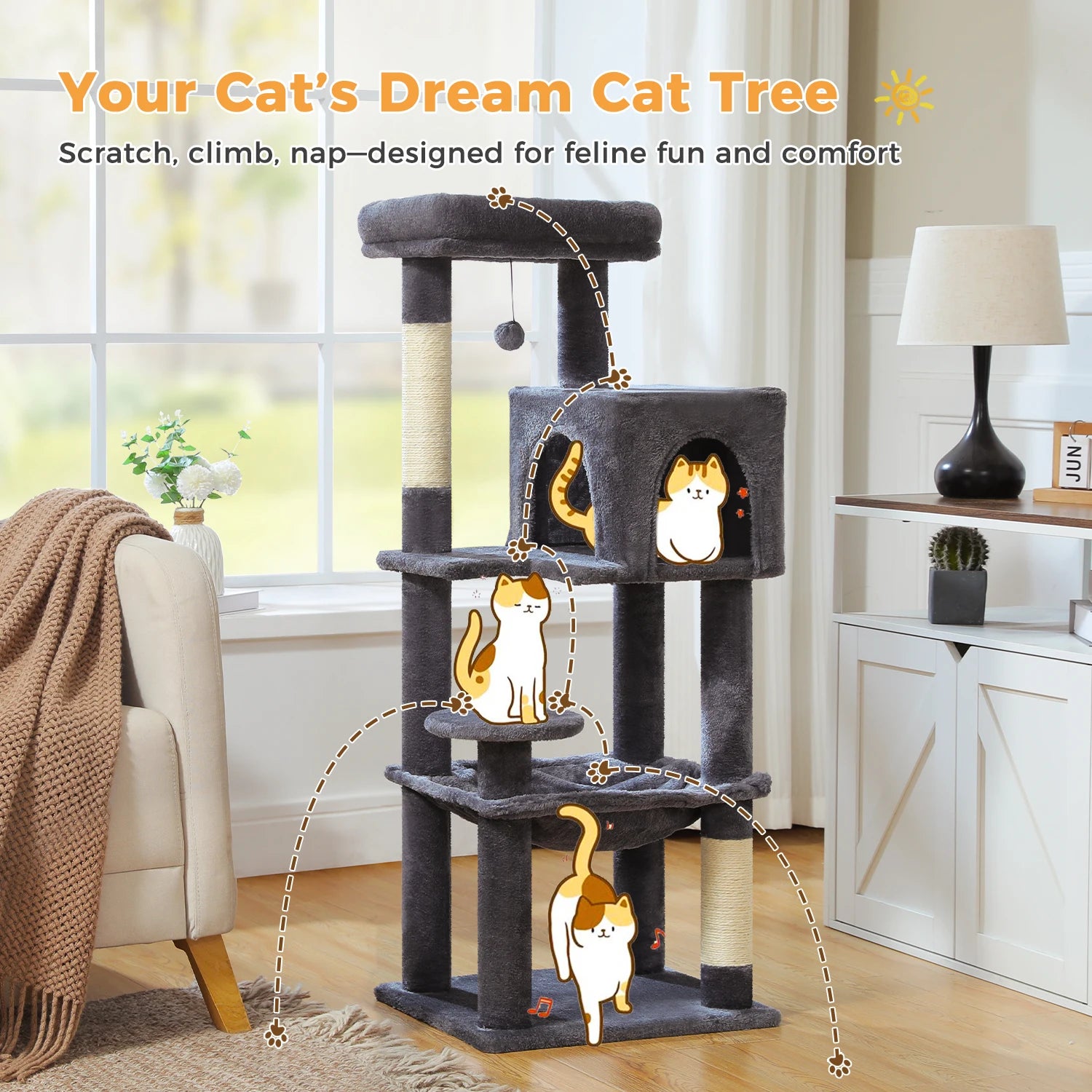 5-Level Cat Tree 113cm Cat Tower with Top Perch,Soft Condo,Natural Sisal Scratching Post,Attractive Pompom,Anti-tip kit,Hammock