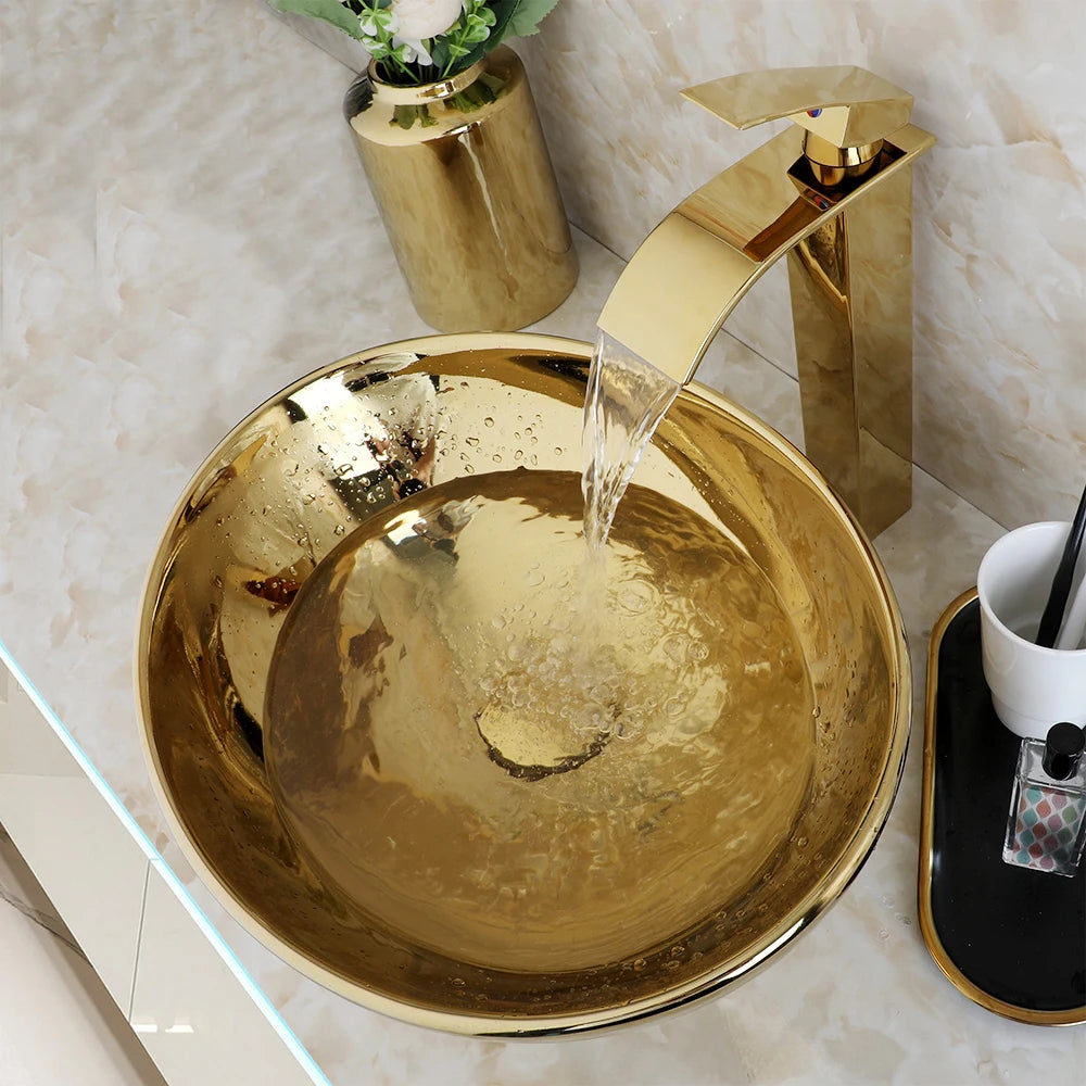 Large Gold Vessel Sink with Faucets, Drain