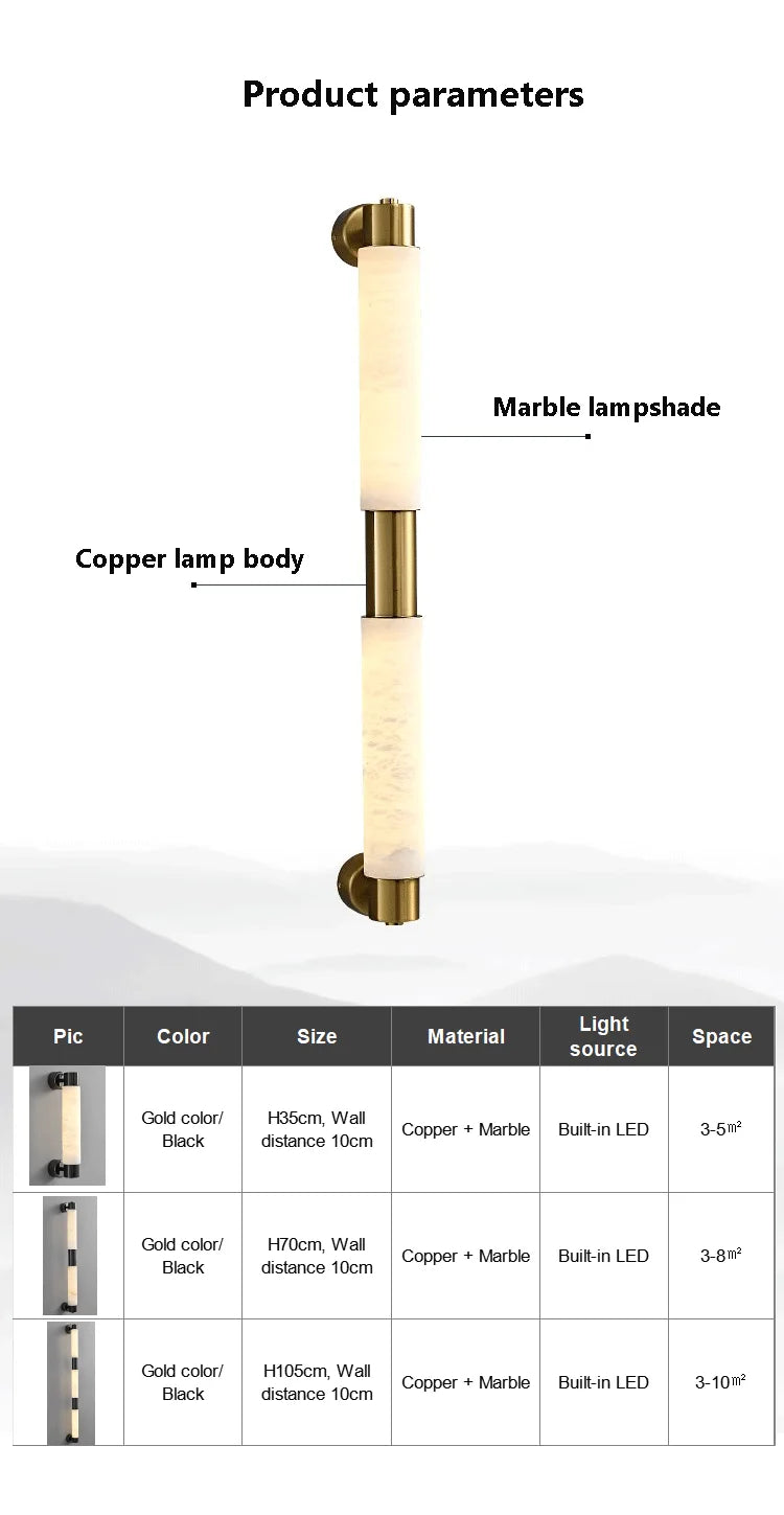 Black, Golden, marble wall lamp, Multiple Lengths