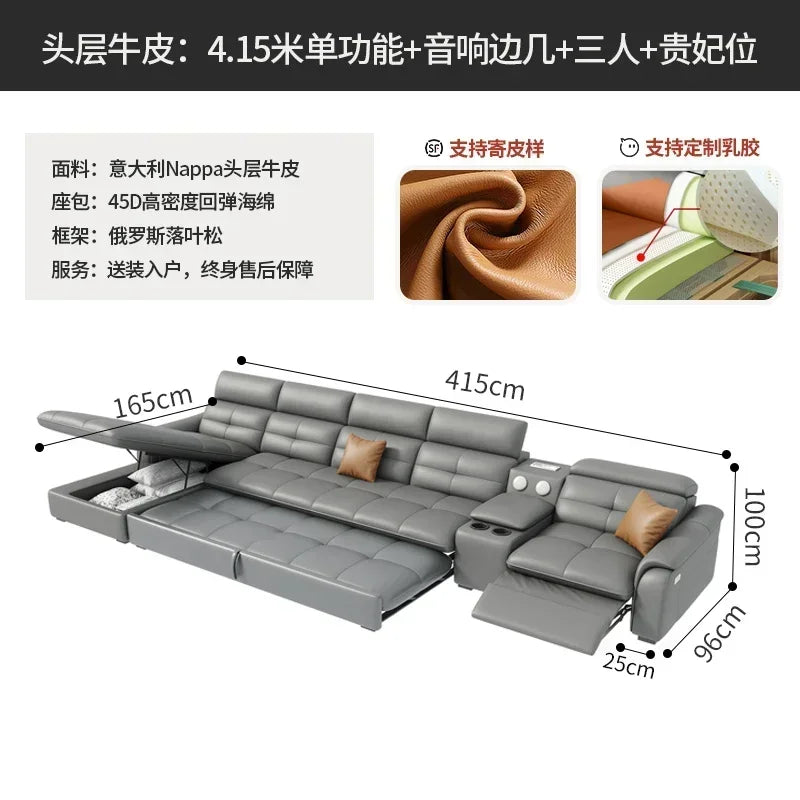 Genuine Leather Corner Sofa, Electric Reclining, Storage