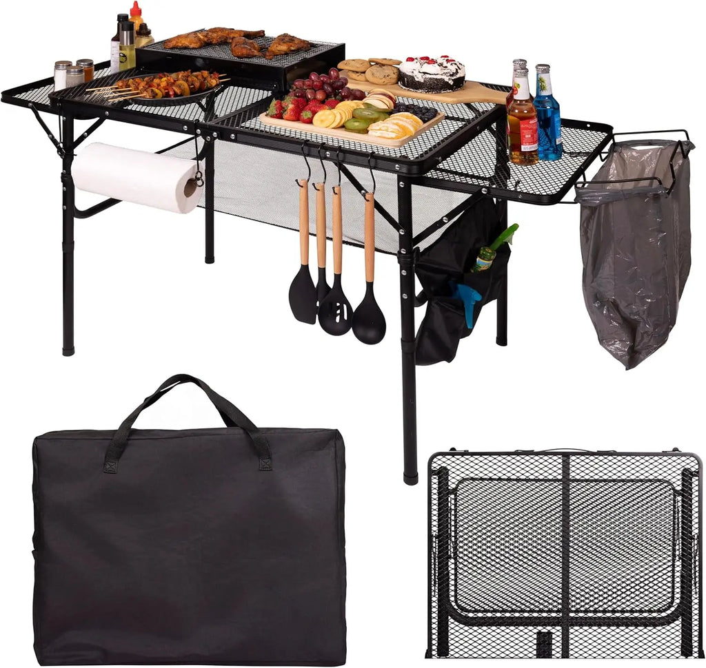 Folding Table w/ Carry Bag, Paper Towel Holder, Garbage Holder, Wing Panels, 3x2 FT Foldable Table for Portable Grill, Picnic