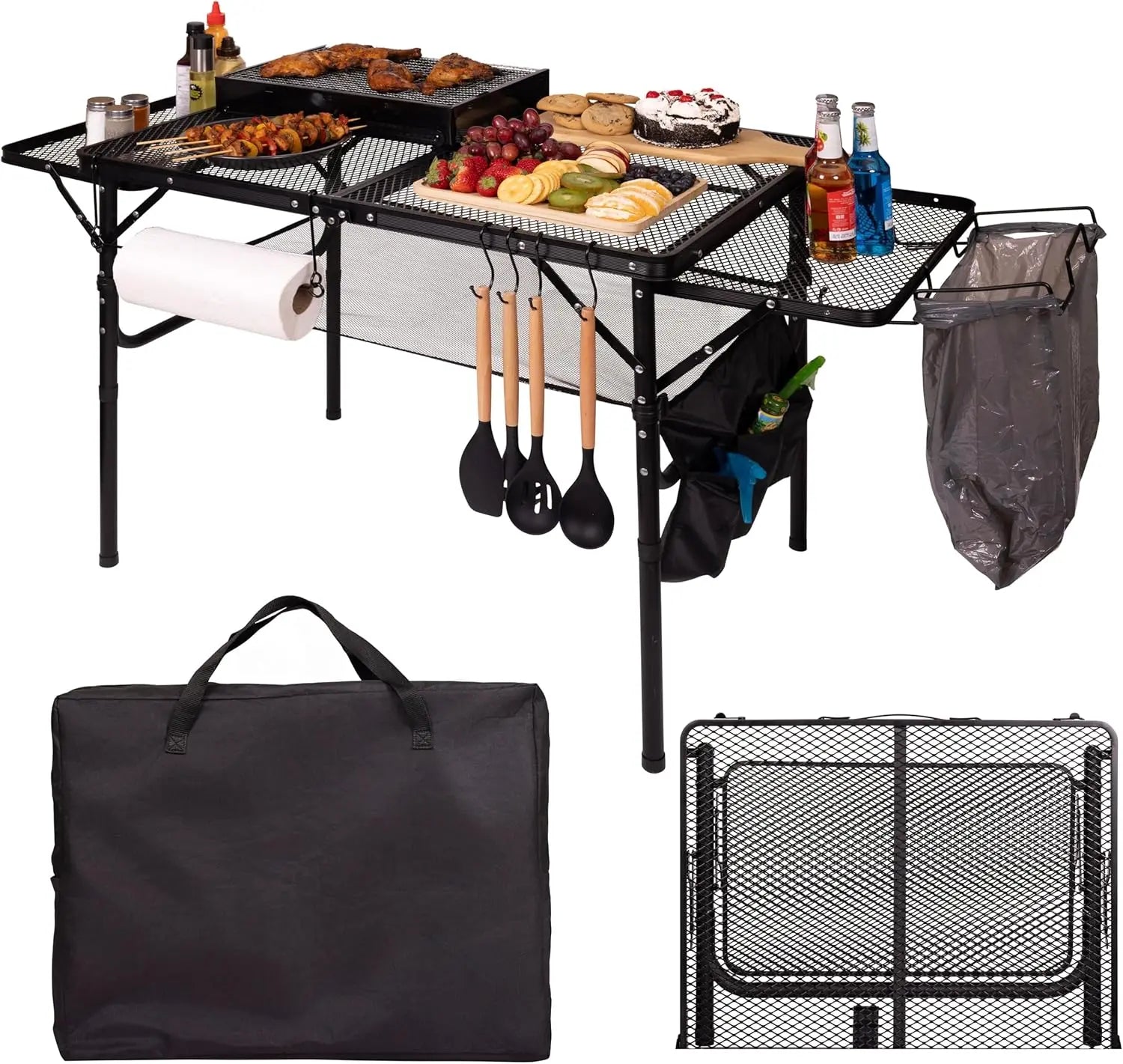 Folding Table w/ Carry Bag, Paper Towel Holder, Garbage Holder, Wing Panels, 3x2 FT Foldable Table for Portable Grill, Picnic