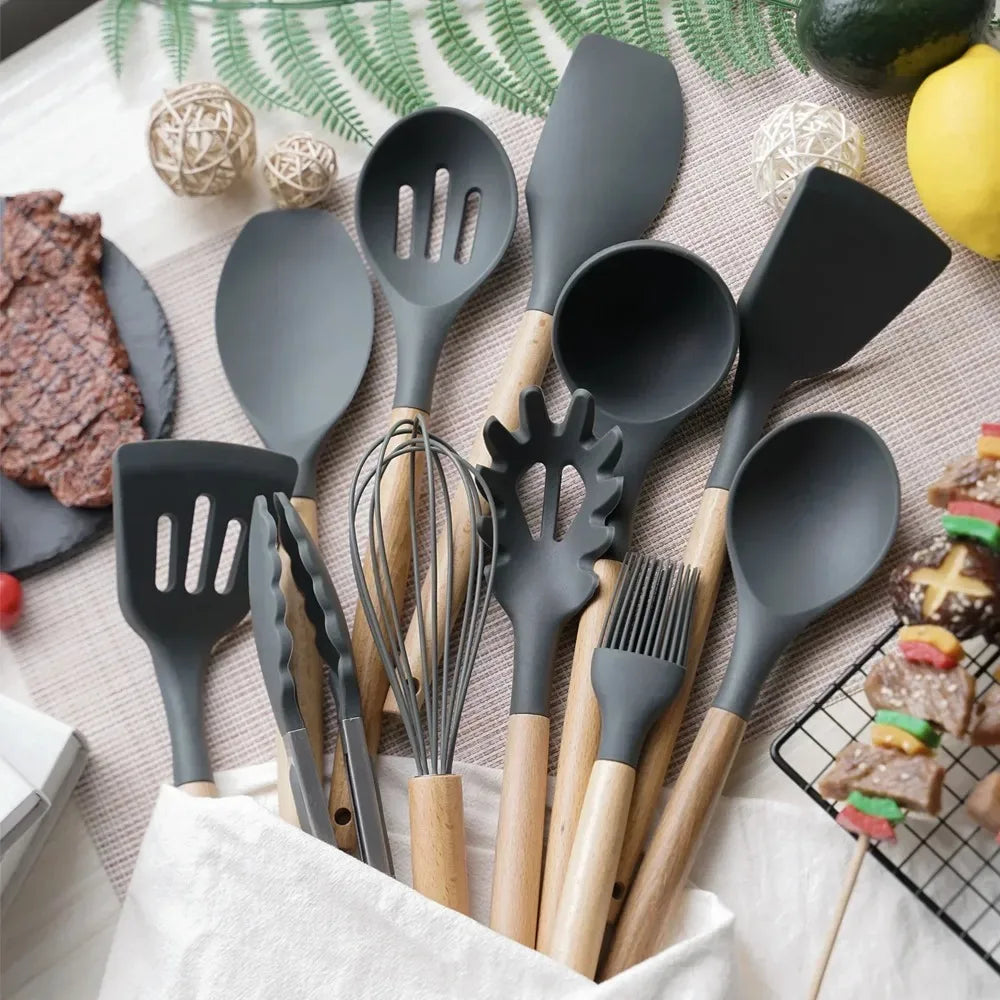 12PCS Wooden Handle Silicone Kitchen Utensils