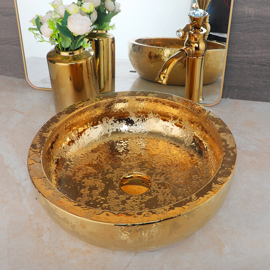 15" Gold Vessel Sink with Faucet, Drain