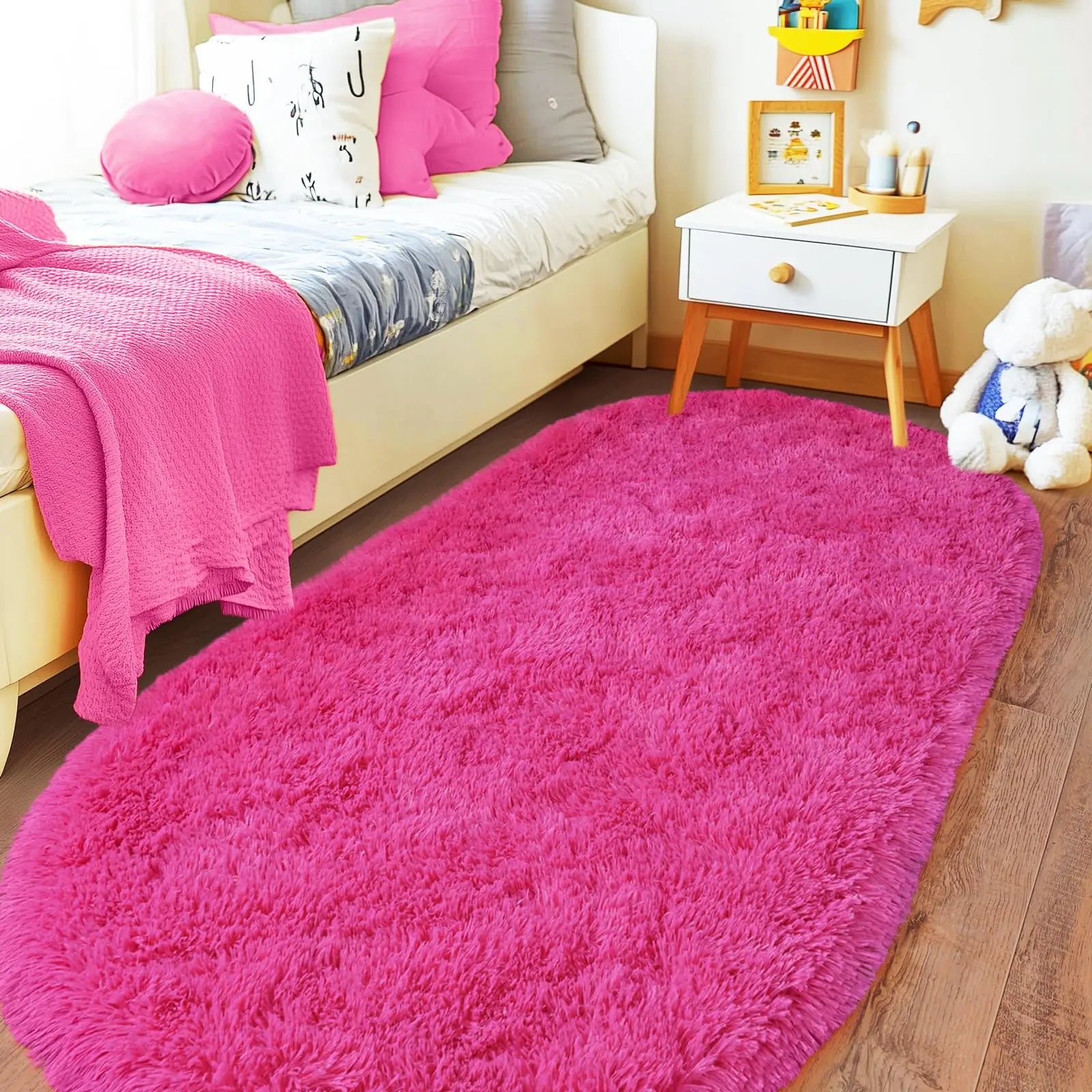 Oval Fluffy Plush Bedside Rugs, Moisture-Proof