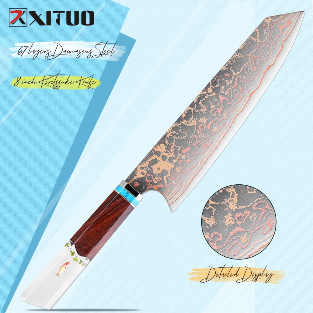 8 Inch Chef Knife 37 Layers Tricolor Copper Damascus Steel