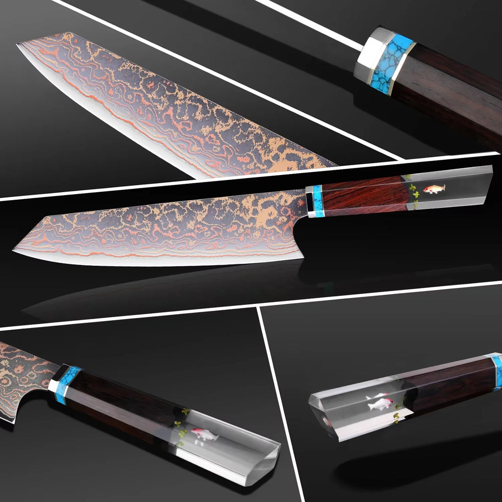 8 Inch Chef Knife 37 Layers Tricolor Copper Damascus Steel