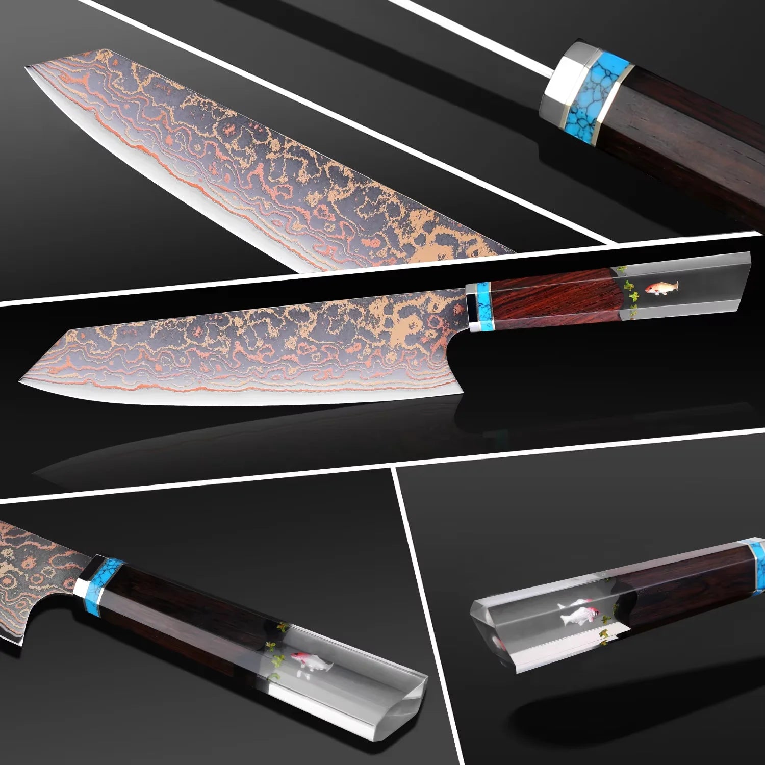 8 Inch Chef Knife 37 Layers Tricolor Copper Damascus Steel