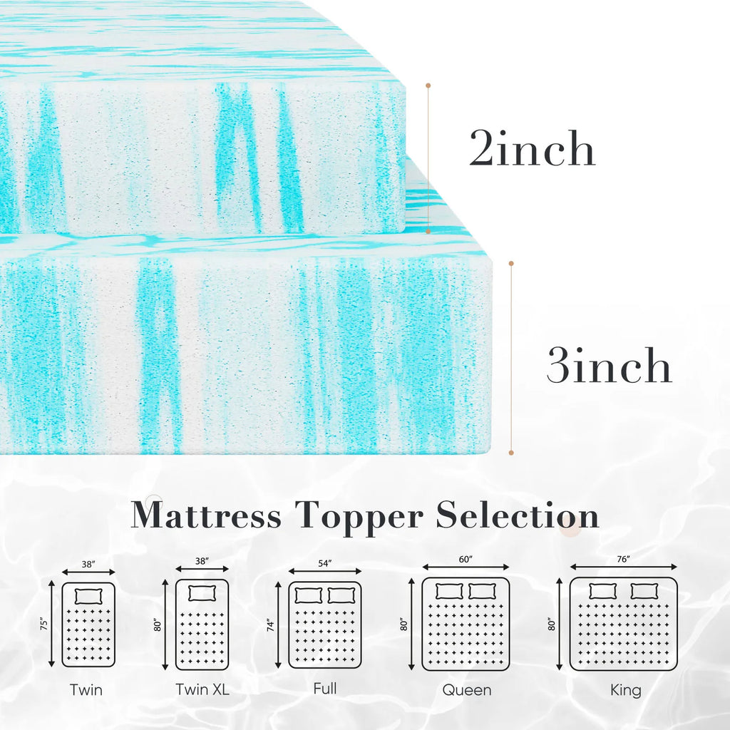 2-3 Inch Gel Memory Foam Mattress Topper, Cooling, Breathable