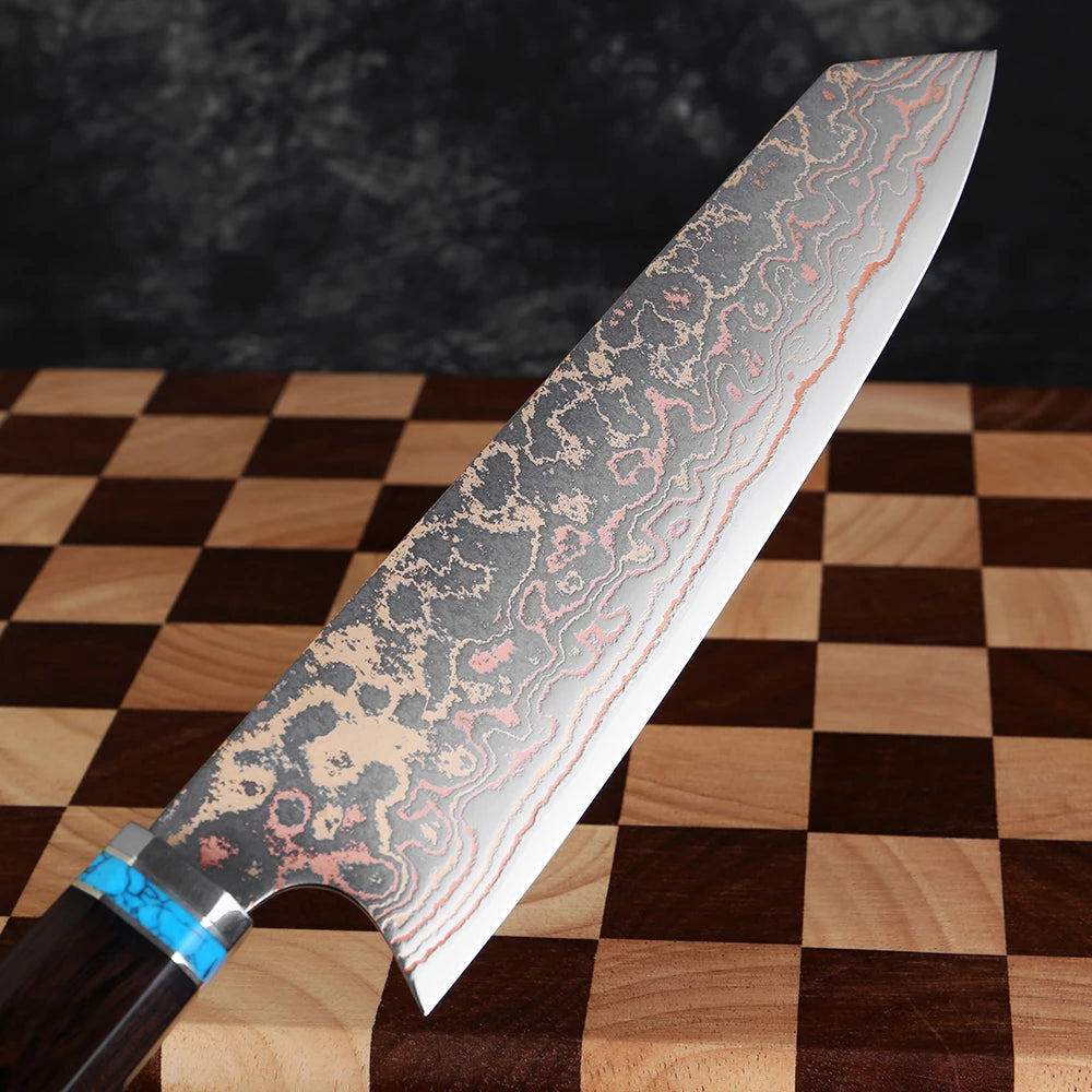 8 Inch Chef Knife 37 Layers Tricolor Copper Damascus Steel