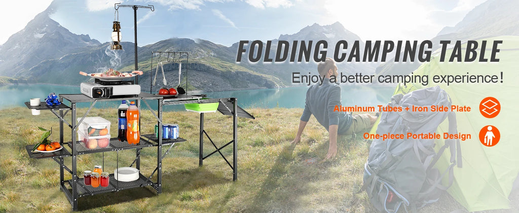 Camping Kitchen Table with Sink, Aluminum Folding Frame
