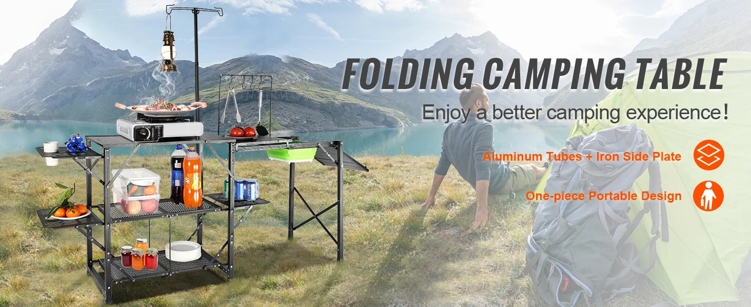 Camping Kitchen Table with Sink, Aluminum Folding Frame