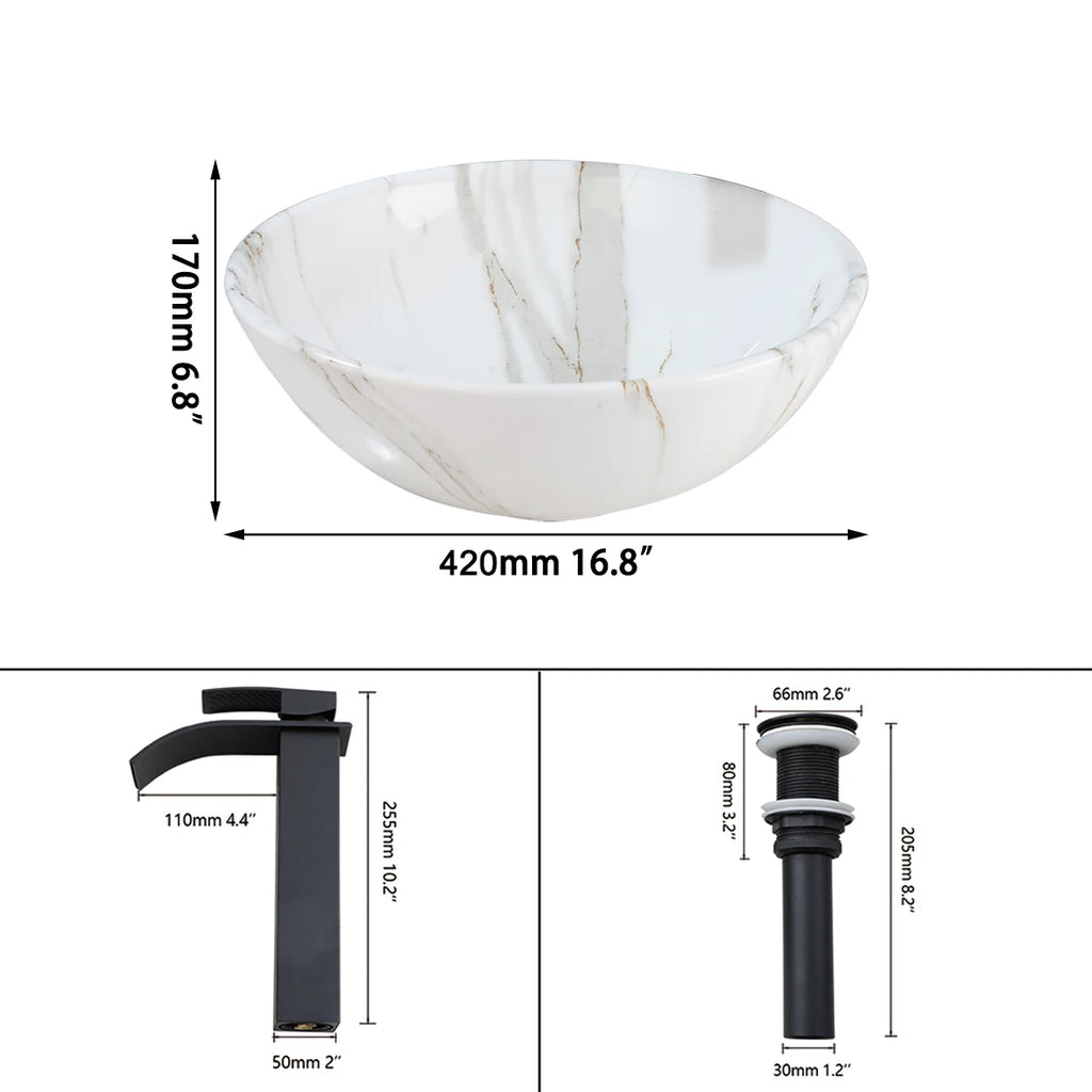 17'' Round Vessel Vanity Sink, Faucet, Drain Set