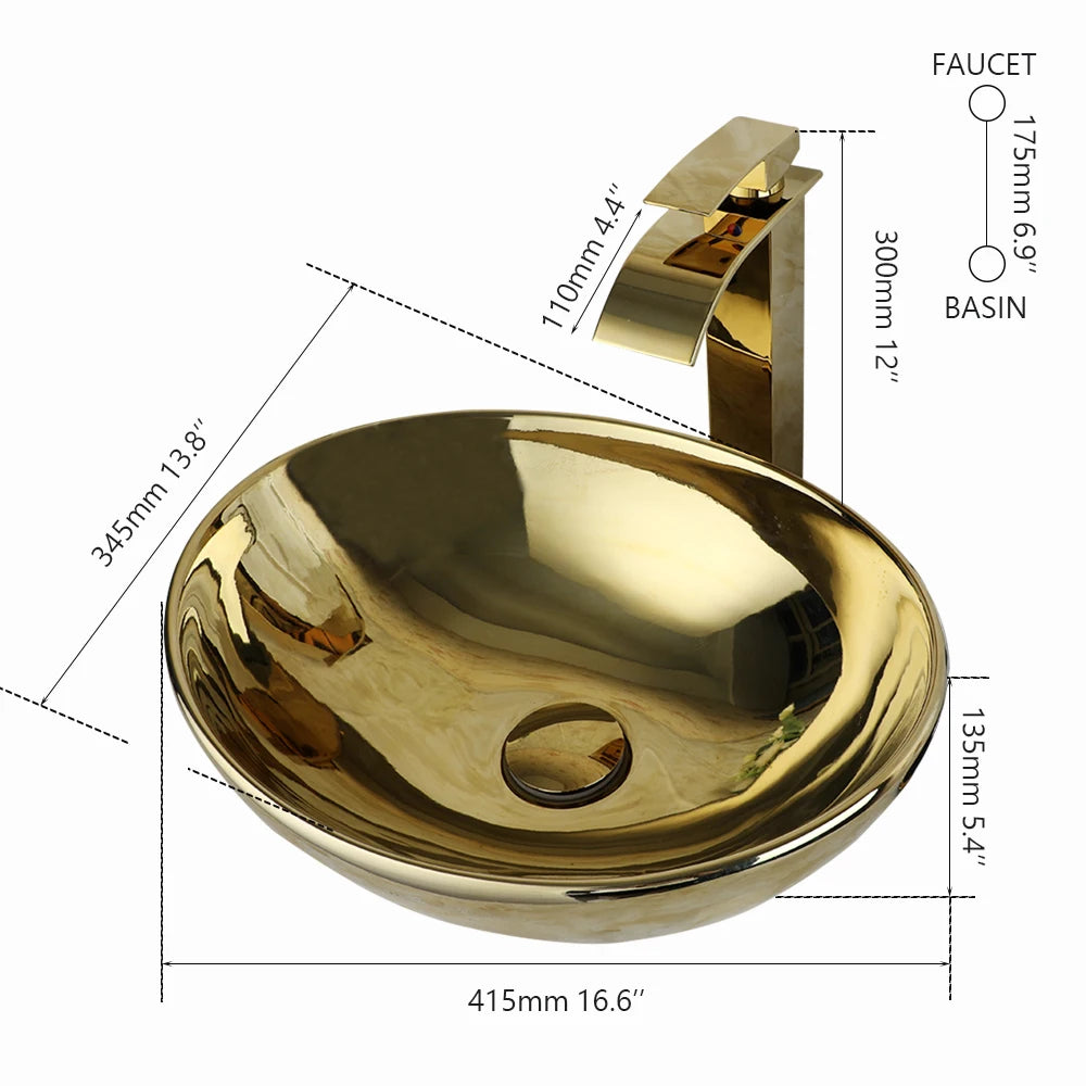 Large Gold Vessel Sink with Faucets, Drain