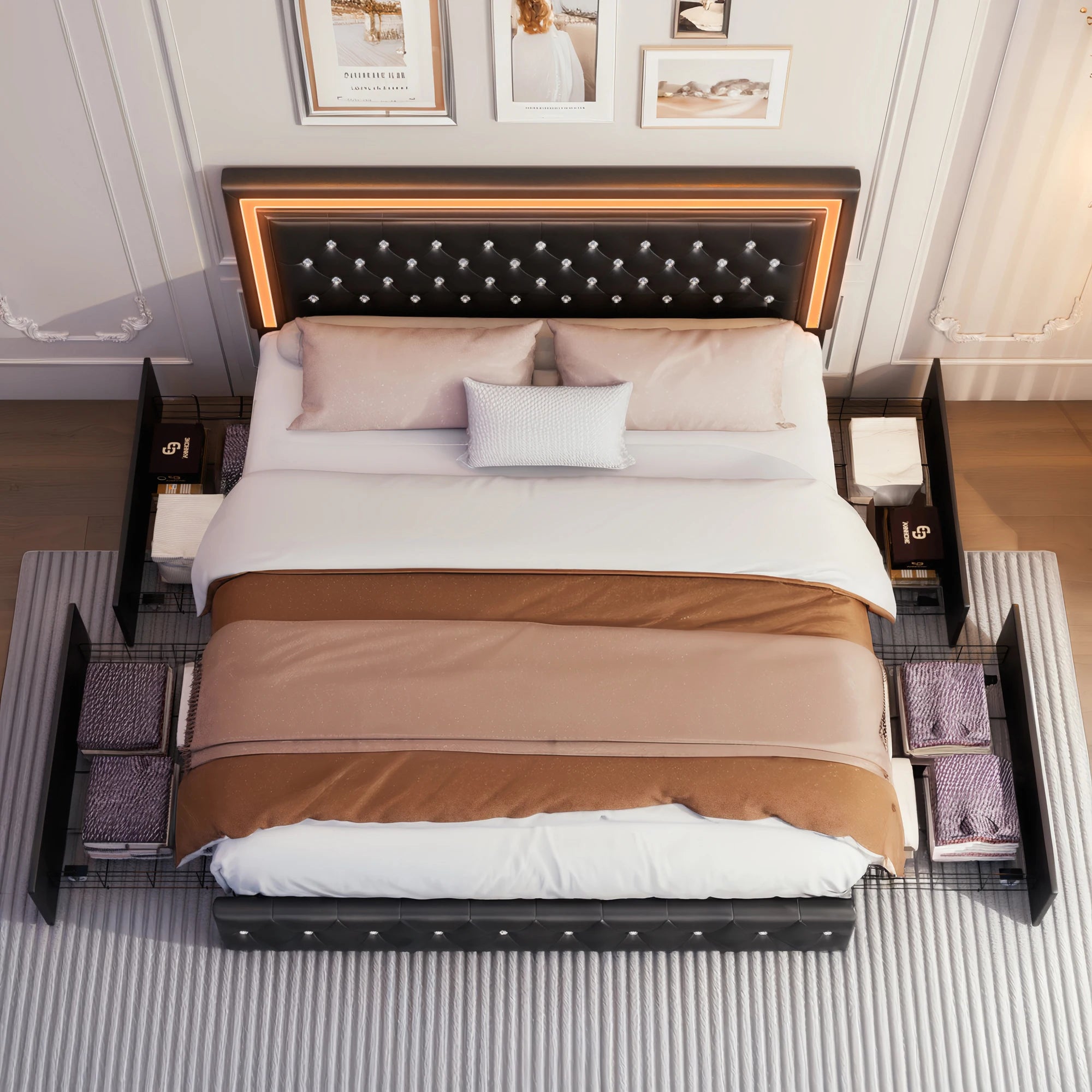 Queen Platform Bed Frame, 4 Drawers, LED Headboard