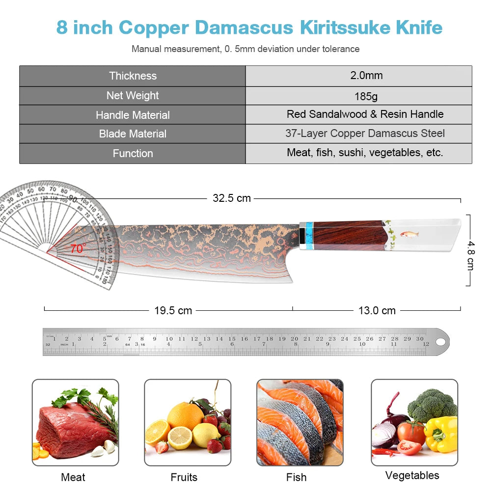 8 Inch Chef Knife 37 Layers Tricolor Copper Damascus Steel