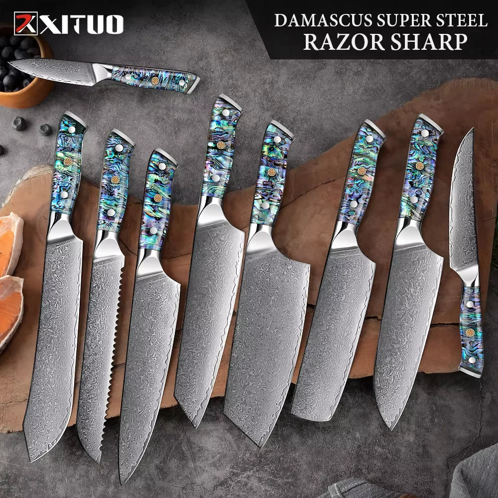 1-9 Pc. Damascus Steel Kitchen Knives Set Abalone Handle
