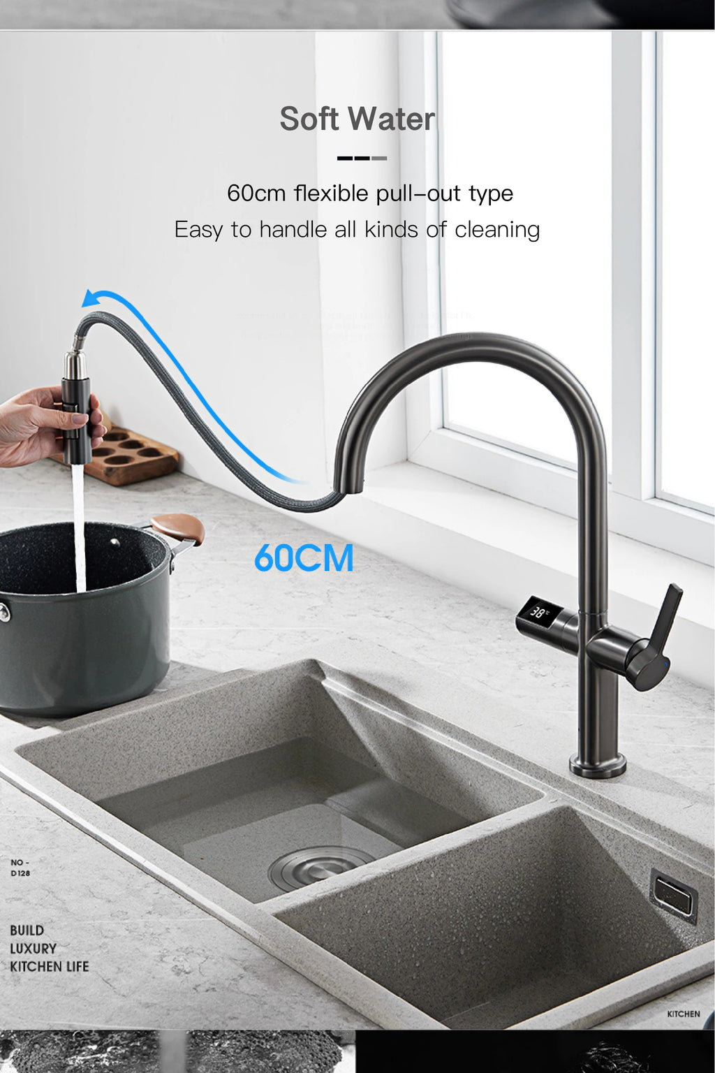 gun gray kitchen faucet, LED digital sensing, 2-function spay
