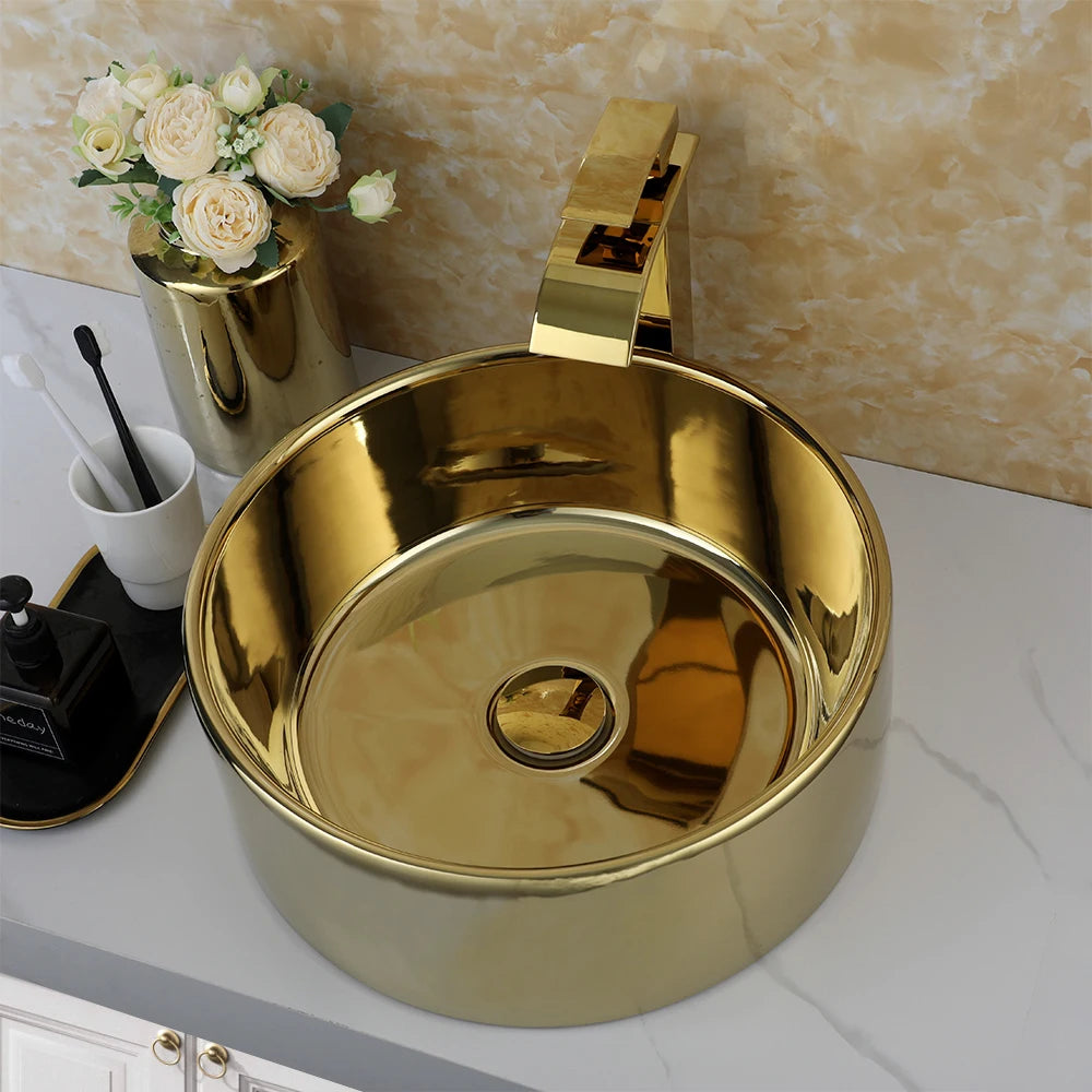 Large Gold Vessel Sink with Faucets, Drain