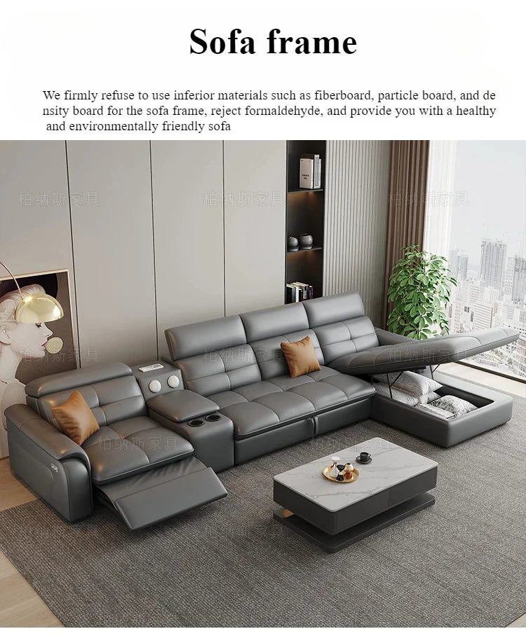 Genuine Leather Corner Sofa, Electric Reclining, Storage