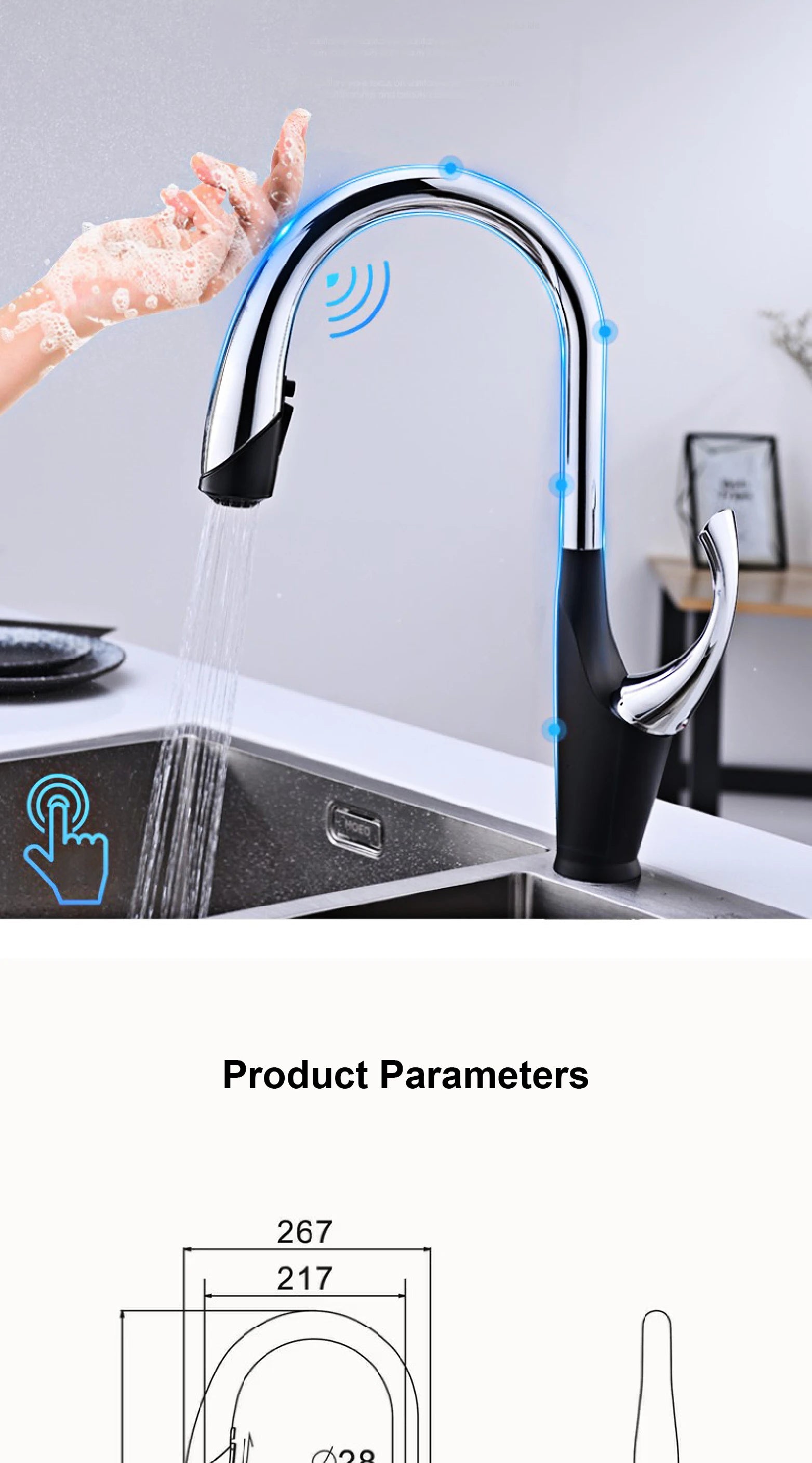 kitchen faucet, single handle, touch control, 3-function spray