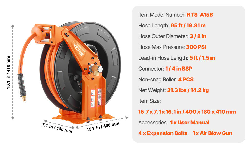 Retractable w/ 5FT Lead in Ceiling, Wall-Mounted Air Hose