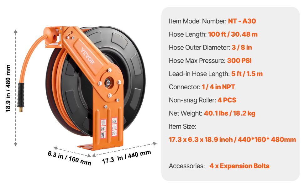 Retractable w/ 5FT Lead in Ceiling, Wall-Mounted Air Hose